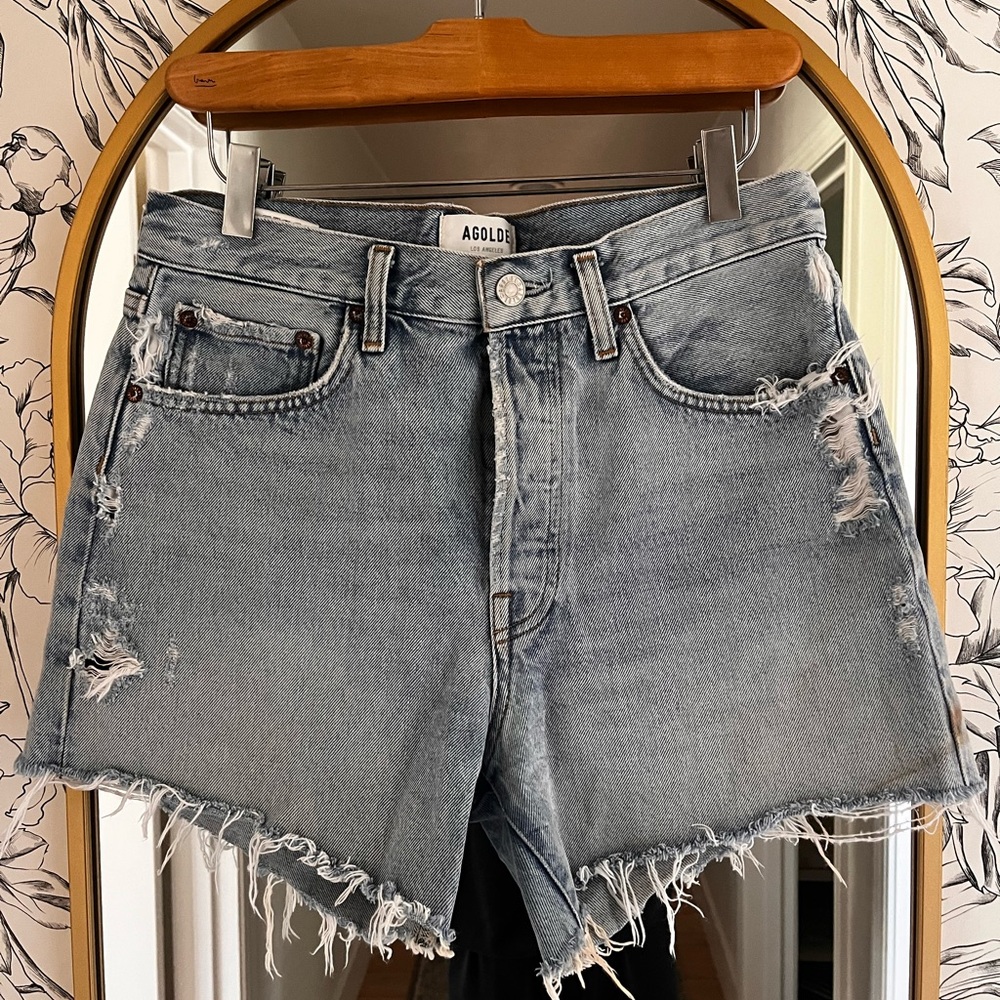 Agolde Parker Long Blue Jean Shorts Distressed Vintage Style